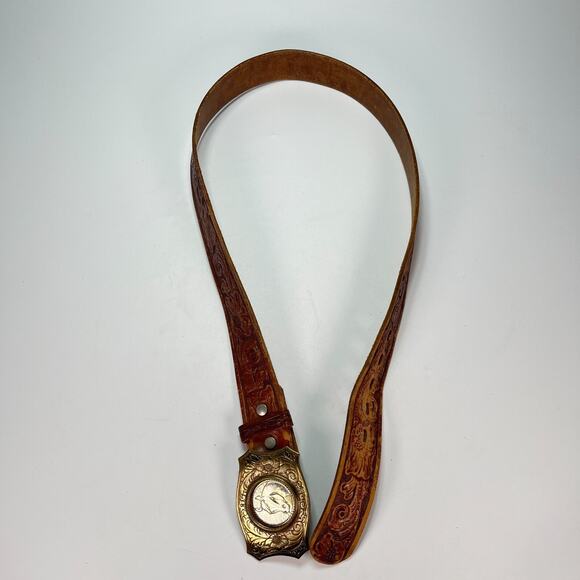 Pilgrim Vintage Western Leather Belt Horse Buckle Brown Leather 214